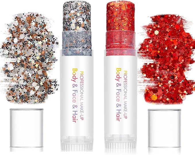 Body Glitter Stick for Face, Body & Hair - Red & Silver/Brown Chunky Sparkle Glitter, 2 Pack | Long Lasting Party Makeup for Festival, Rave, Concert & Cosplay