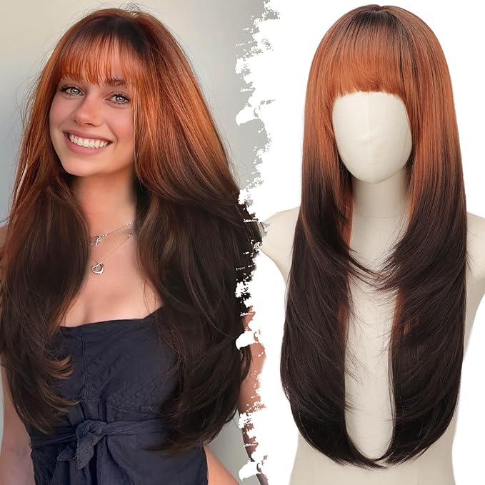 Long Dark Brown to Copper Ombre Wig with Bangs for Women,4x4 Realistic Scalp,Free Parting,Layered Hairstyle Synthetic Heat Resistant for Daily Party Use 26 inch