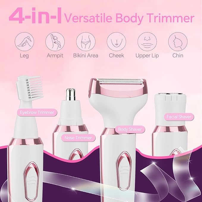 Women's Electric Razor Bikini Trimmer, 4-in-1 Cordless Shaver for Face, Legs, Underarms, Pubic Hair – Wet/Dry Use, Painless Hair Removal