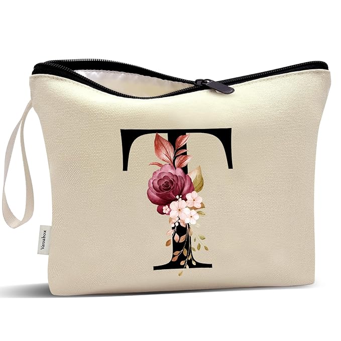 Vavabox A-Z Personalized Makeup Bag, Birthday Gifts for Women Mom, Gifts for Best Friend, Bride Bridesmaid Cosmetic bag (T, Yellow)