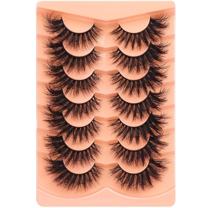 Mink Lashes Fluffy False Eyelashes 20mm 3D Volume Cat Eye Lashes Faux Mink Eyelash Wispy Fake Eyelashes Long Thick Strips Lash Pack, 7 Pairs