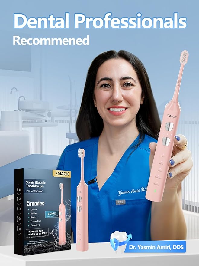 7MAGIC Sonic Electric Toothbrush for Adults and Kids - Up to 180 Days Runtime, 42000 VPM Powered Toothbrush, 5 Modes & 3 Intensities for Sensitive Teeth & Braces, Includes 8 Brush Heads, Pink