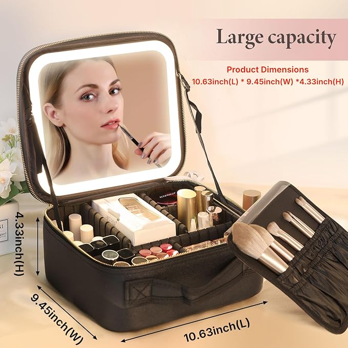 Behaesty Travel Makeup Bag with LED Lighted Mirror, Cosmetic Makeup Organizer Bag with 3 Color Setting, Makeup Train Case with Adjustable Dividers for Women Makeup Brushes Jewelry Accessories (Black)