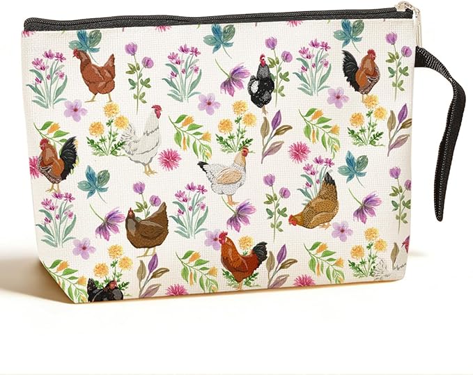 Floral Chicken Makeup Bag, Chickens Stuff Cosmetic Bags for Women Friend Daughter Chicken Lady Mom Gifts Travel Bag for Birthday Graduation