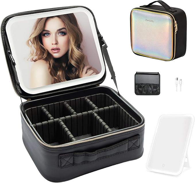 ZhenGuiRu Travel Makeup Bag with LED Mirror – Waterproof Cosmetic Train Case with Adjustable Dividers, Portable Makeup Organizer and Toiletry Bag for Women, Pink Teens & Girls Gift