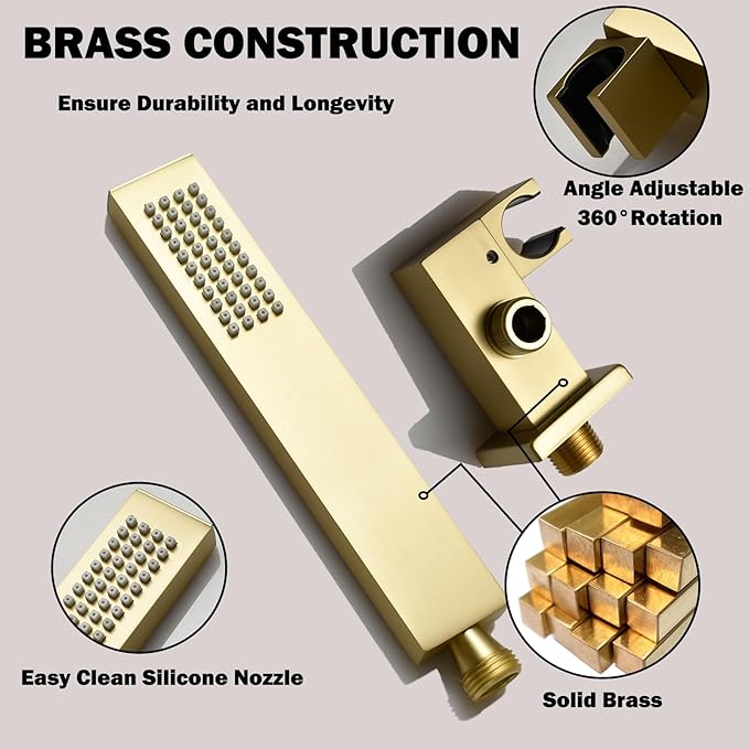 WHSHOWER Brushed Gold Triple Shower Heads Shower System with 12"+8"+8" Top Shower Heads, Digital Display Shower Valve, Body Jets and Handheld Shower,Full Body Shower System