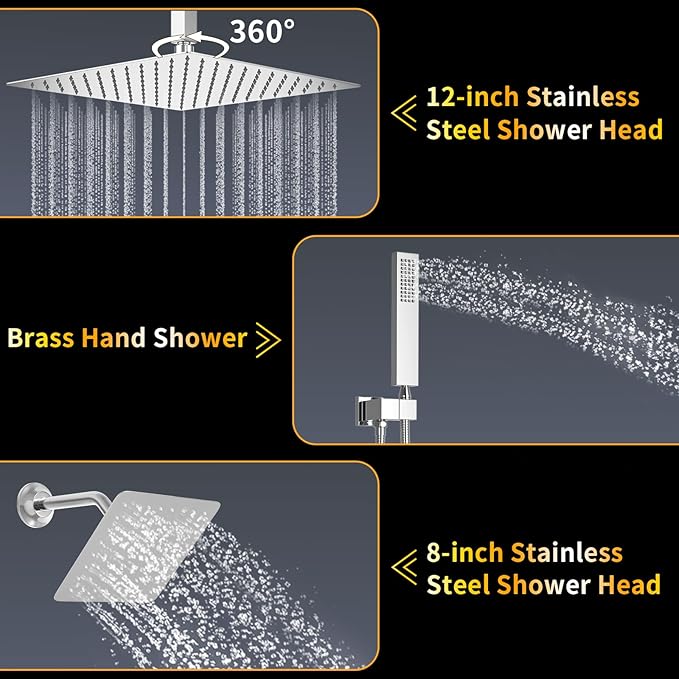 AYIVG Chrome Thermostatic Rainfall Shower System 12 Inch And 8 Inch Dual Square Shower Head System Ceiling Mount Bathroom Temperature Display Shower Faucet Set With Handled Spray