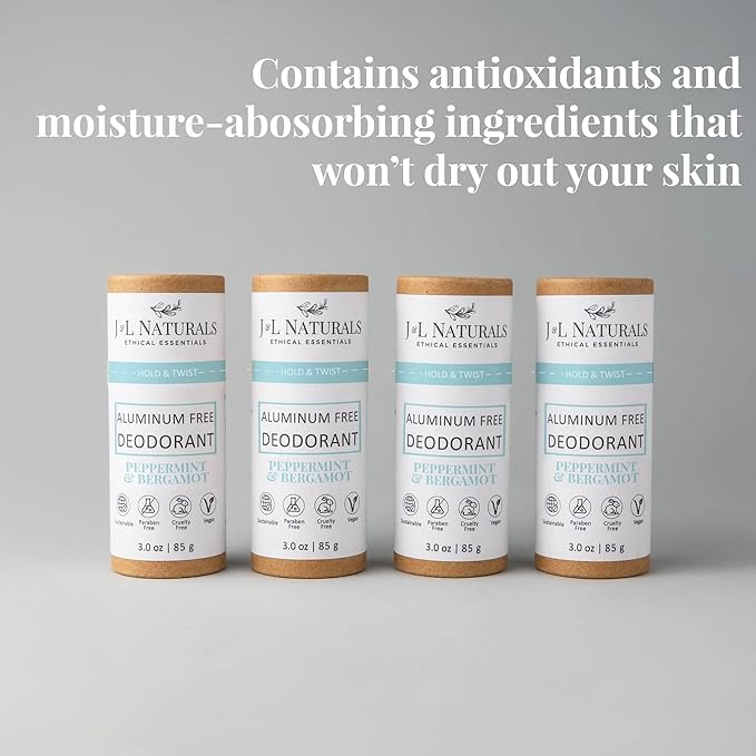 J&L Naturals Aluminum Free Deodorant for Men & Women | 100% Natural Ingredients With Coconut Oil, Shea Butter, & Essential Oils | Sustainable, Eco-Friendly (Peppermint & Bergamot, 3.0 Oz (Pack of 4))