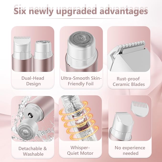 Bikini Trimmer for Women 2-in-1 Electric Shaver and Razors IPX8 Waterproof for Wet & Dry Use Painless Hair Trimmer Removal for Body, Underarms, Legs and Face for Sensitive Skin,Rose Pink