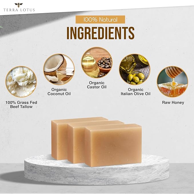 Terra Lotus - Organic Tallow Soap with Organic Castor Oil & Raw Honey - Relief for Dark Spots, Acne Marks, Hydrating & Nourishing - 3 Pack (Citrus)