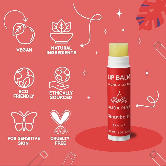 ALIDA PURE Strawberry Lip Balm Collection, Vegan Set, Beeswax Free, with Organic Jojoba and Avocado Oil, Vitamin E, Natural Moisturizer for Dry, Chapped Lips, 3 Tube Set