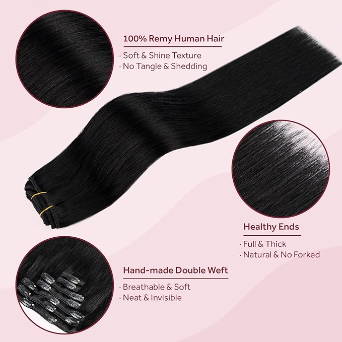 Clip in Hair Extensions Real Human Hair, Jet Black 100% Human Hair Extensions Clip in, Tangle-free Silky Straight Hair Extensions for Women, #1 22Inch 120G 7PCS