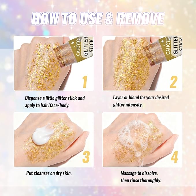 Gold Face Body & Hair Glitter Stick for Singer Concerts Outfit, Shimmer Stick Gel for Women, Sparkling Holographic Chunky Sequins for Mardi Gras Rave Festival Halloween Carnival, 0.56oz