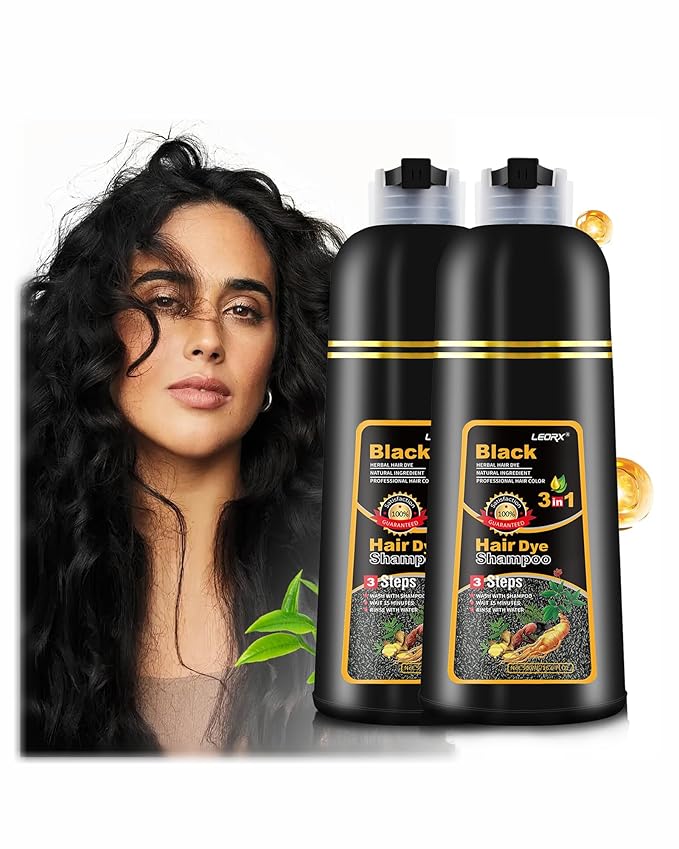 2 Pack Black Hair Dye Shampoo, Leorx 3 In 1 Black Color Shampoo Dye For Gray Hair Instant Herbal Coloring For Women & Men - Tintes Para El Cabello