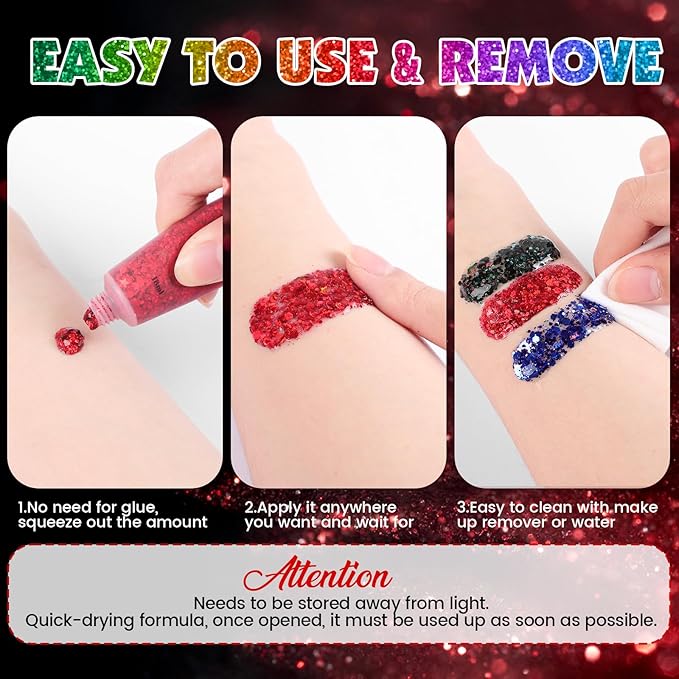 AROIC Face Glitter, 14Pcs Mardi Gras Accessories, Body & Hair Glitter Gel Sparkle Makeup for Women Party Rave Outfits, Concerts Festival Face Paint，Rave Accessories Music Festivals Black Light Party