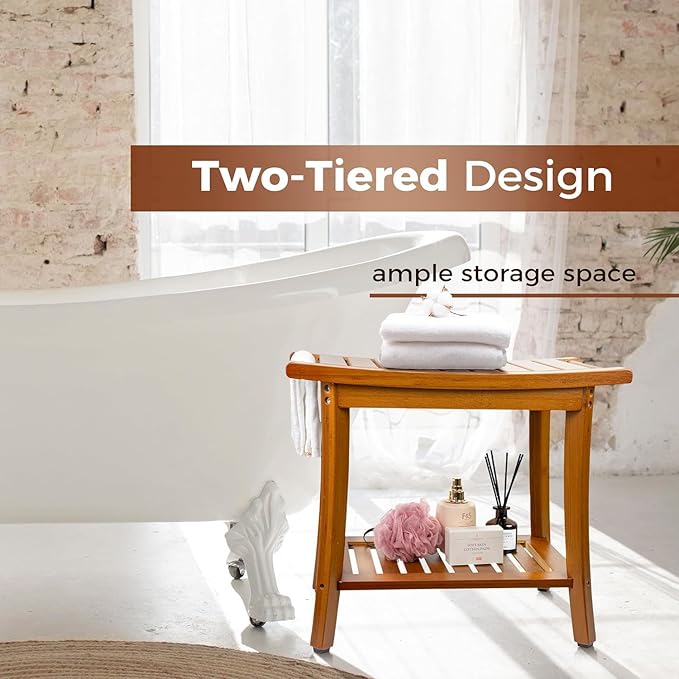 Utoplike Bamboo Shower Bench with Storage, Wood Shower Stool with Handles, Bathroom Seat for Towels, Spa, Inside Shower, Brown Finish
