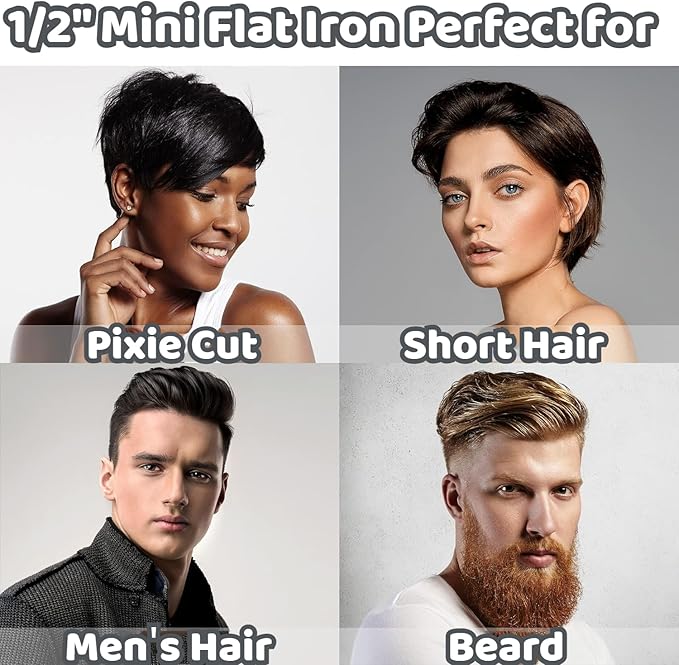 Mini Flat Iron for Short Hair, 1/2 inch Ceramic Plates Small Flat Irons for Short Hair, Fast Heating Anti-Frizz, Temperature Adjustable Auto-Off, Travel Size Mini Hair Straightener, White