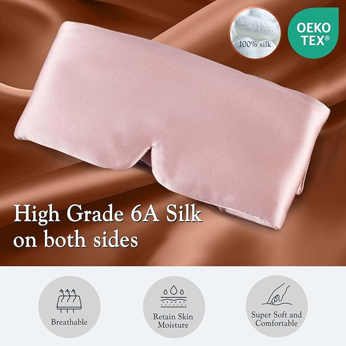 SOLZEK Silk Sleeping Mask Large Wrap-Around Blindfold with Adjustable Velcro Soft Blackout Eye Mask Women (Pink)