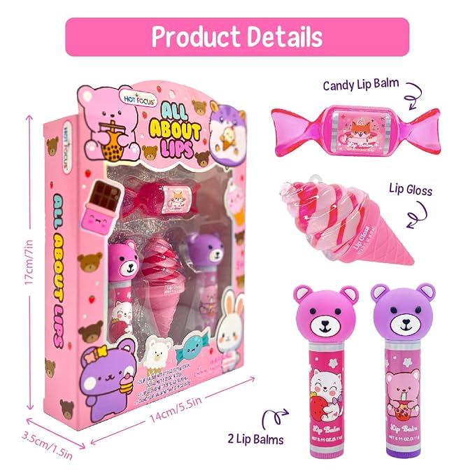 Hot Focus | All About Lips Kawaii Bears Edition – Assorted Lip Gloss Flavors, Non-Toxic Lip Glosses & Makeup for Kids & Teens