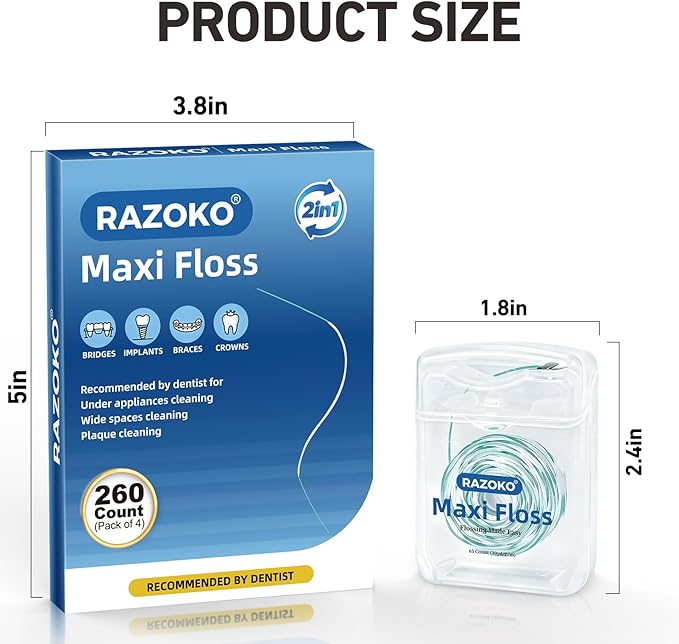 RAZOKO Threader Floss for Braces,Implants,Bridges-260 Count Pre-Measured Strands 2-in-1 Expanding Waxed Dental Floss for Deep Clean,Light Mint Flavored