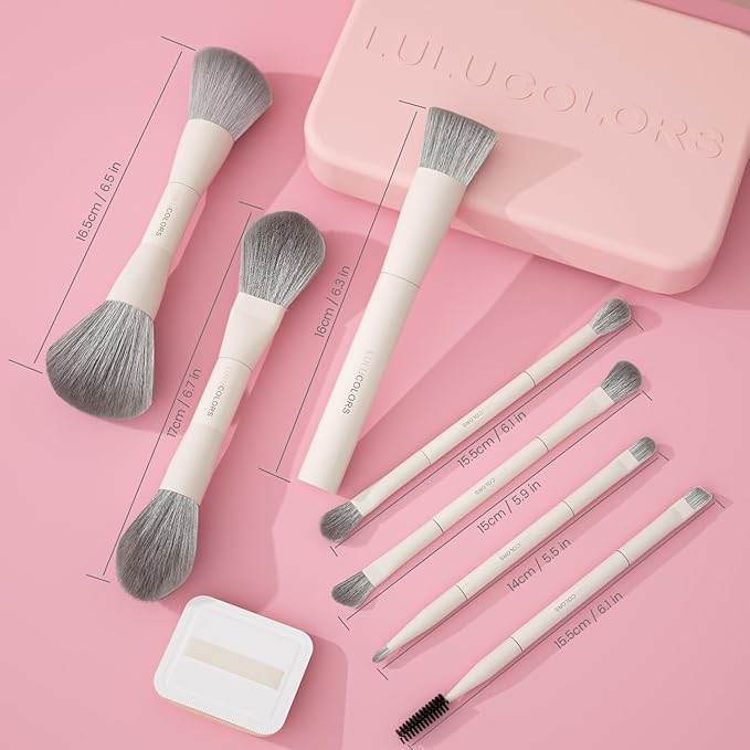 LULUCOLORS 13-in-1 Dual-Ended Makeup Brush Set with Sponge & Travel Case – 7 Multi-Functional Brushes for Face & Eyes – Soft Bristles, Wooden Handles – Available in Cream, Green, or Pink (Blush Pink)