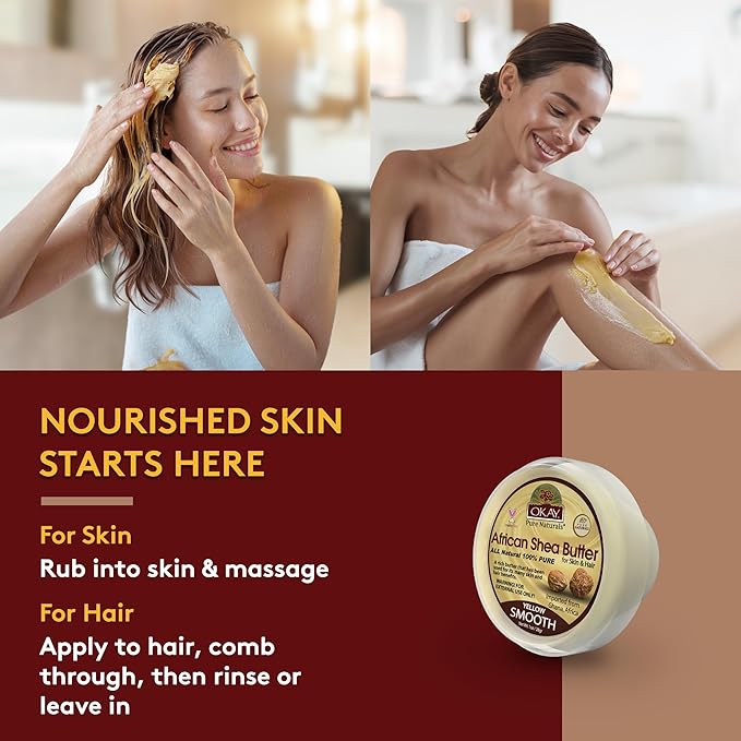 Okay 100% Natural African Shea Butter Yellow Smooth Deep Moisturizing Restores Moisture To Dry Damaged Skin Reduces Skin Damage Heals & Nourishes Made In USA 1oz