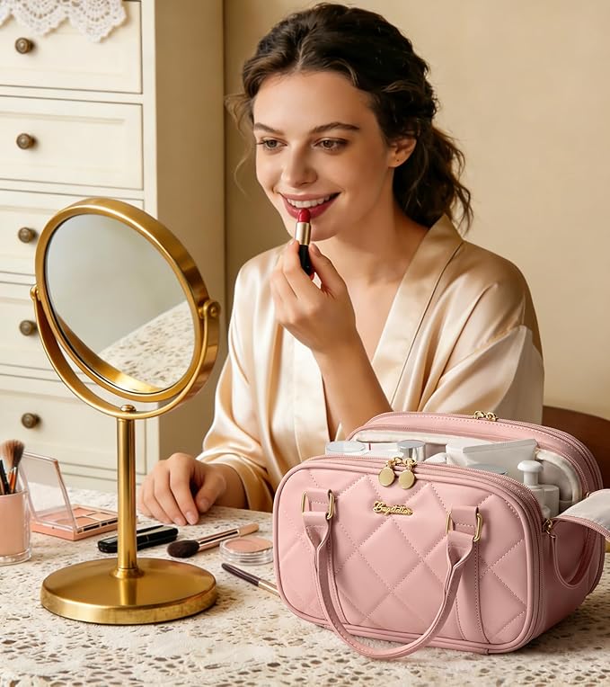 Bagstellar Travel Makeup Bag, Large Capacity Quilted Toiletry Bag for Women Wide-open Cosmetic Bag Make Up Case Organizer Portable Pouch w/Handle & Brush Holder for Traveling Accessories Beige Floral