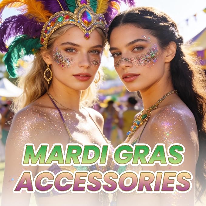 DAGEDA Mardi Gras Body Glitter Gel, Roll-on Face Glitter for Mardi Gras Oufits Accessories for Women, Carnival Accessories Green Purple Gold Hair Glitters,Body Shimmer Makeup for Rave Party