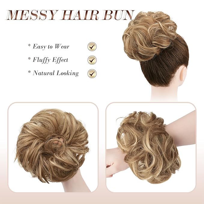 FESHFEN Messy Bun Hair Piece - Wavy Synthetic Chignon Scrunchies for Instant Volume, Elastic Bun Ponytail Hair Extensions Thick Hairpieces for Women, Light Brown & Mixed Blonde 1.50 oz
