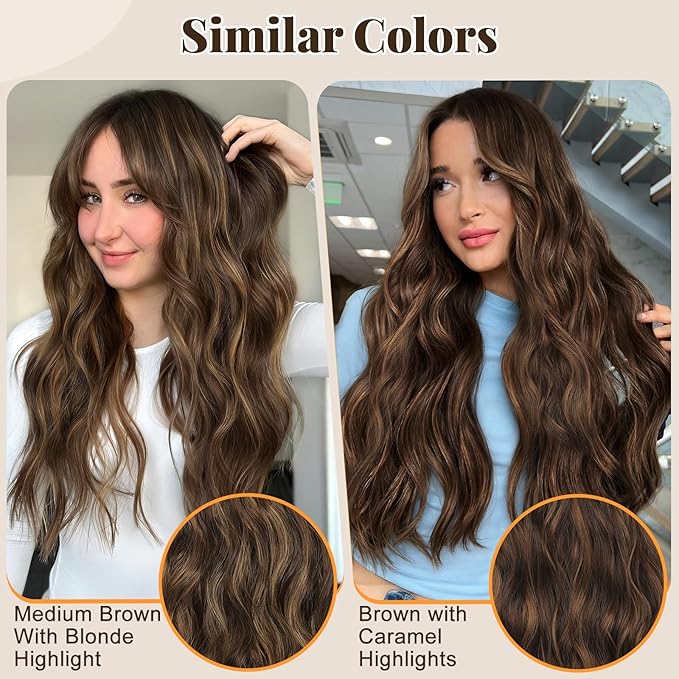 ALXNAN Clip in Long Wavy Synthetic Hair Extension 24 Inch Brown with Caramel Highlights 4PCS Thick Hairpieces Fiber Double Weft Hair for Women