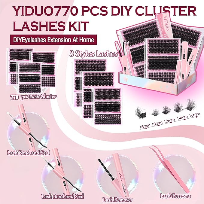 Volume Lashes Clusters Lash Kit 770Pcs with 2X Bond&Seal 5 style Mixed C-Curl False Eyelashes Extensions Kit Faux Mink Individual Wispy Lash Clusters Thick Lash Extensions DIY at Home Easily