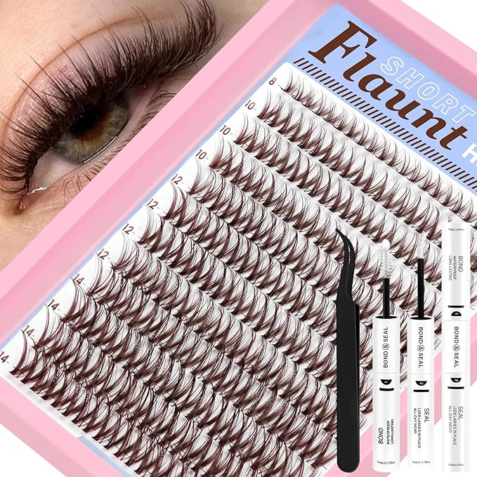 Brown Lash Clusters Kit Flaunt Lash Clusters Dark Brown Wispy Eyelash Clusters Eyelash Clusters Short Lash Cluster 8-14mm Cluster Eyelash Extensions Individual Lashes Cluster(Flaunt-Dark Brown)