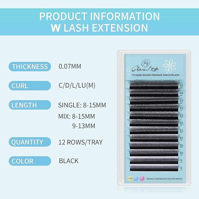 W Eyelash Extensions 7D Russian Volume Premade Fan Natural Soft Matte Black False Lashes Professional Salon Supplies(7D,0.07,D,12mm)