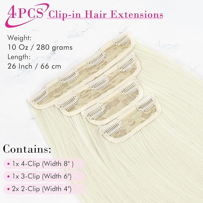 REECHO 26" Straight Super Long 4 PCS Set Thick Clip in on Hair Extensions White Blonde