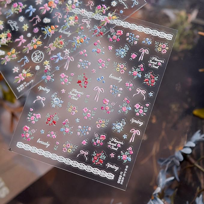 Flower Nail Stickers 5D Embossed Nail Art Stickers Decals with Flower Bow Design Spring Nail Stickers for Nail Art Self-Adhesive Summer Nail Supplies for Women Manicure Decorations