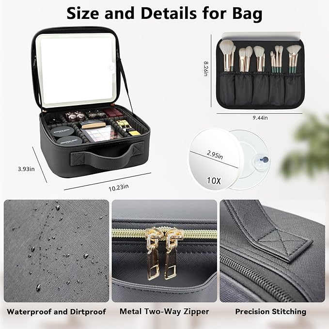 SLUMAZI Travel Makeup Bag with LED Mirror and 10x magnifying glass with 3 Lighted Settings, Adjustable Dividers and Makeup Brush Storage Bag Black
