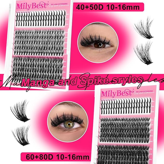 MilyBest Lash Clusters Kit 808Pcs Fluffy Eyelash Clusters D Curl Bottom Lashes Clusters 4 Styles Lash Kit with Spikes DIY Individual Eyelashes Glue Wispy Cluster Eyelash Extensions Kit De Pestañas
