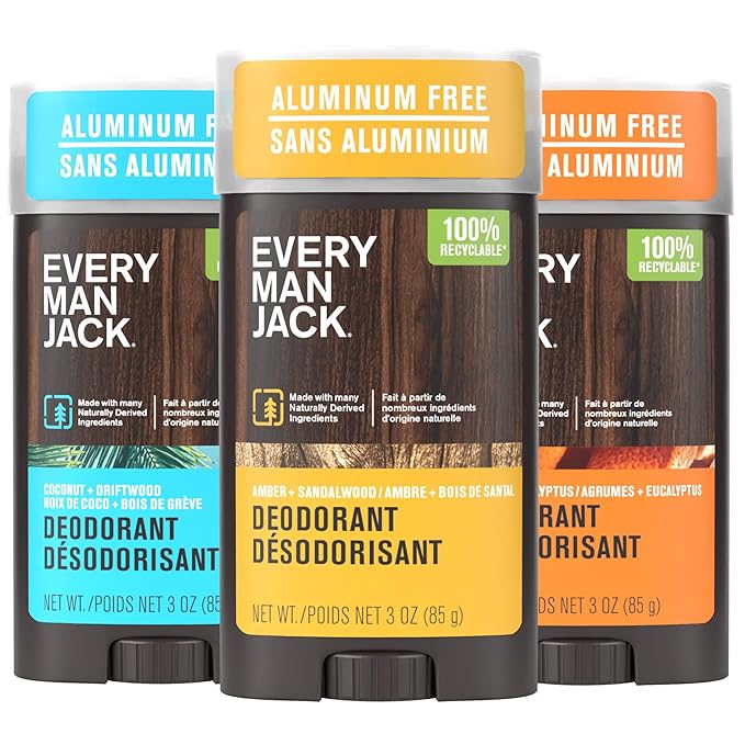 Every Man Jack Men's Deodorant Variety Set - Includes 3 Full-Sized Aluminum Free Natural Deodorant Sticks - Coconut + Driftwood, Citrus + Eucalyptus, Amber+ Sandalwood - 3oz (3 Pack)