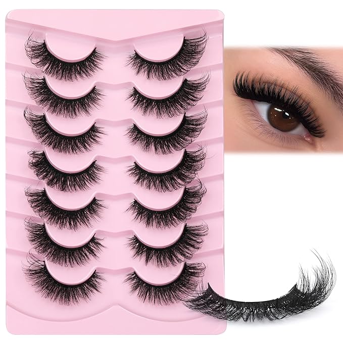 JIMIRE Faux Mink Lashes Fluffy Cat Eye Natural False Eyelashes Volume Wispy Fox Eye Crossed 17MM Thick Fake Lashes Look Like Eyelash Extensions Pestañas 7 Pairs Pack