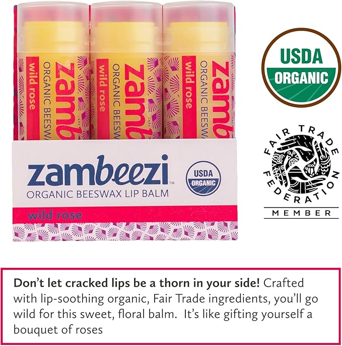 ZAMBEEZI Organic, Fair Trade Beeswax Lip Balm - Wild Rose 3 Pack - Ethically Sourced