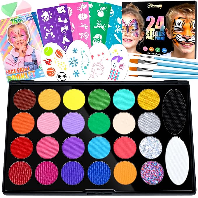 Face Painting Kit for Kids, Non-Toxic and Hypoallergenic Face Paint Makeup Kit| with Stencils, Book, Easy to Use and Safe for Kids, Fun for Halloween, Birthday Party, School Event