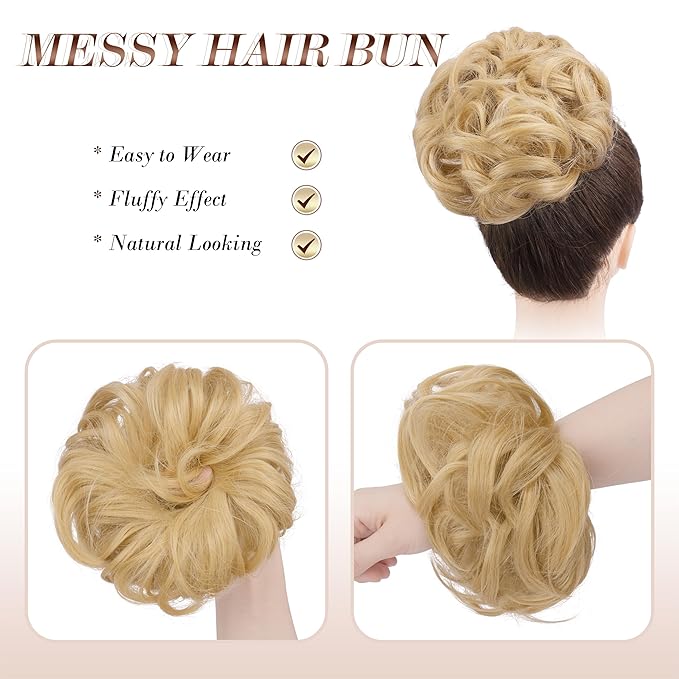 FESHFEN Messy Bun Hair Piece - Wavy Synthetic Chignon Scrunchies for Instant Volume, Elastic Bun Ponytail Hair Extensions Thick Hairpieces for Women, Champagne Blonde 1.50 oz