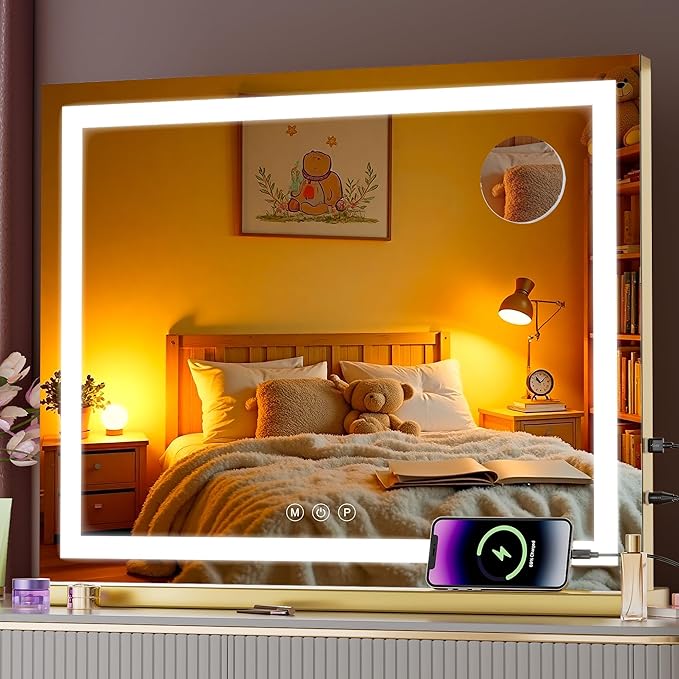 Vanity Mirror with Lights, 23" x 18" LED Makeup Mirror with 10X Magnification, Dimmable 3 Modes, Memory Function, Smart Touch, USB Charging Port, Lighted Makeup Mirror Square Glod