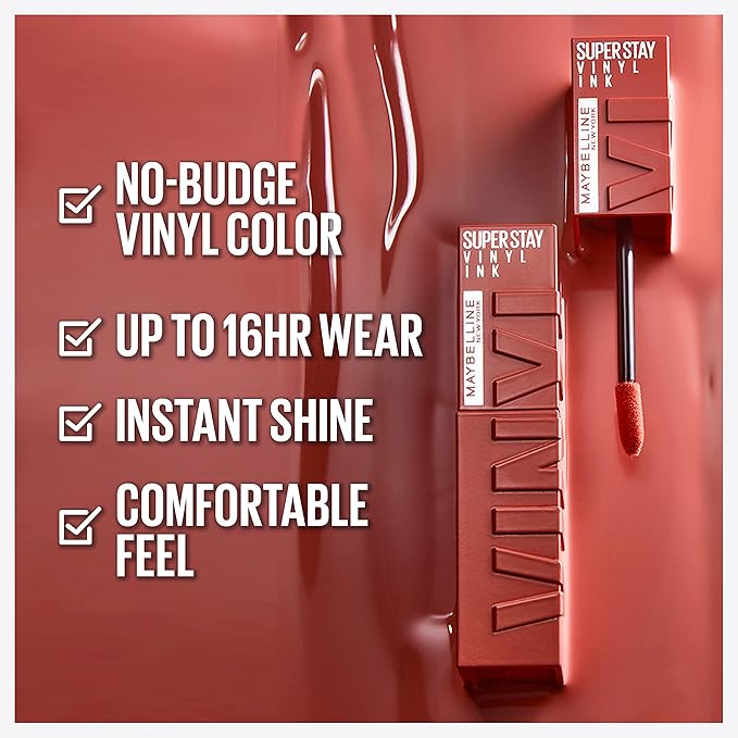 Maybelline Super Stay Vinyl Ink Longwear No-Budge Liquid Lipcolor Makeup, Highly Pigmented Color and Instant Shine, Charged, Brown Lipstick, 0.14 fl oz, 1 Count