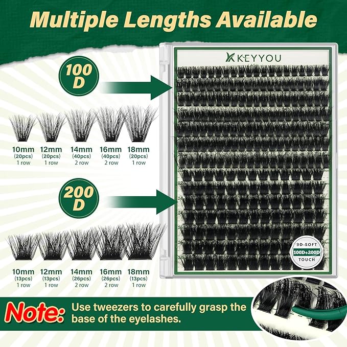 KEYYOU LASH Clusters Kit 3D Effect Eyelash Clusters Kit 231pcs 100D200D 8-16MIX D Curl Individual Lashes Kit Wispy Lashes Volume Cluster Lashes Kit Natural Soft (3D Kit-100D200D-D-8-16MIX)