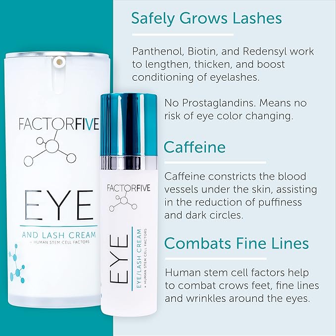 FACTORFIVE Eye and Lash Cream with Human Derived Apidose Stem Cell Growth Factors for Anti-Wrinkle, Collagen Boost, and Acne Scarring Repair, Large Size, 0.5 fl oz/15ml (Eye & Lash Cream)