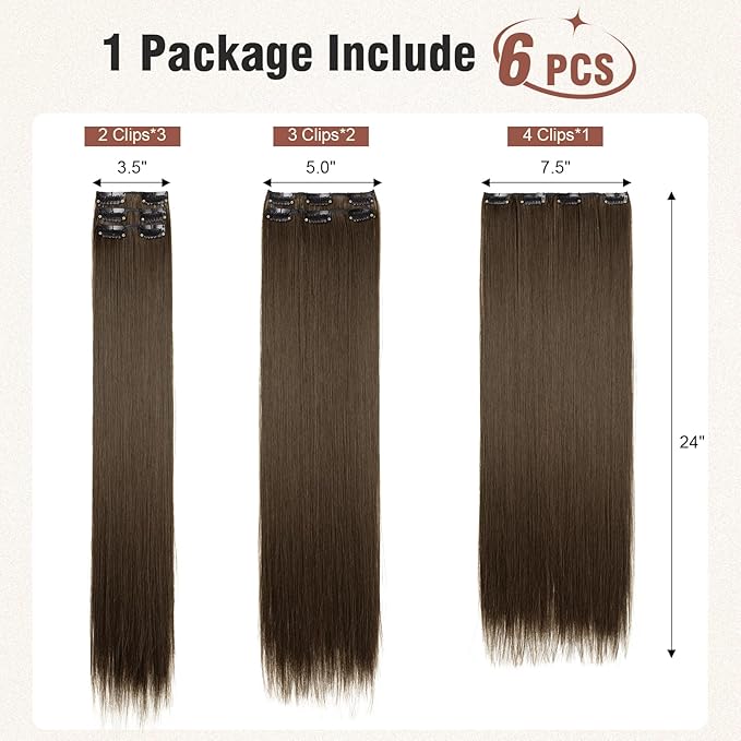FLUFYMOOZ 6PC Clip in Hair Extensions 24" Straight Long Extensions for Women Synthetic Hairpiece (Chestnut Brown)