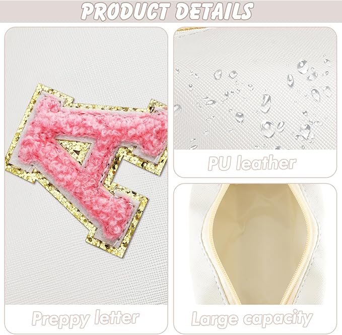 URSKYTOUS Initial Makeup Bag Personalized Preppy Travel Small Cosmetic Bag Cute PU White Chenille Letter Makeup Pouch for Purse Waterproof Zippered Toiletry Organizer for Women Girls Kids Friends (A)