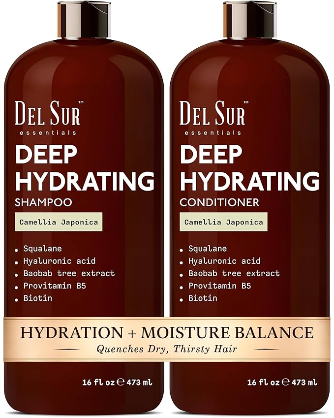 DEL SUR Hydrating Shampoo and Conditioner Set | 16 fl oz Each | with Camellia Japonica, Squalane, Hyaluronic Acid, Baobab Extract & Biotin | Deep Moisture for Dry, Damaged Hair