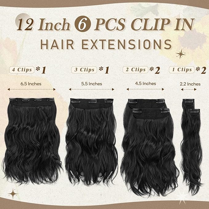 BARSDAR 12 Inch Wavy Black Clip in Hair Extensions - 6PCs Short Wavy Natural Black Clip in Hair Extensions for Women - Full Head Thick Soft Synthetic Hairpieces Daily Party Halloween
